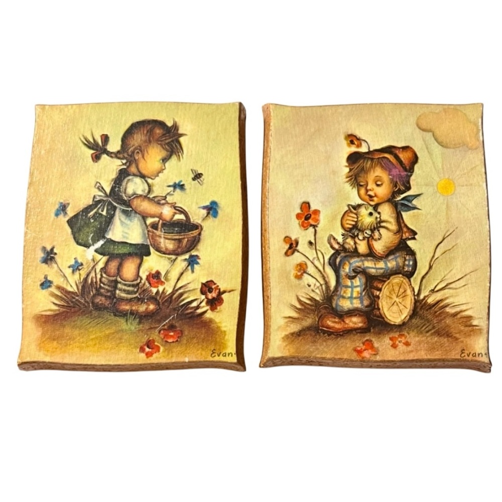 VINTAGE Children's Art Prints with Flowers, Wood Base, reedy to display
